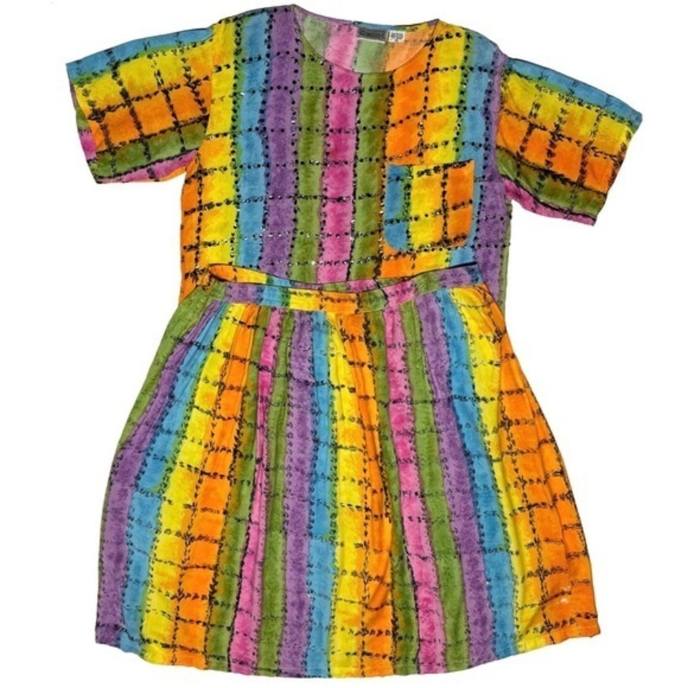 Vintage Colorful Striped Short Sleeve Women's Dress - Multi
